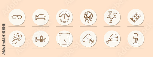 Dream set icon. Slumber, repose, bed, alarm clock, dream catcher, Z, snoring, melatonin, pillow, tablets, pills, sleep cap, lamp, man on doss. Sleep concept.