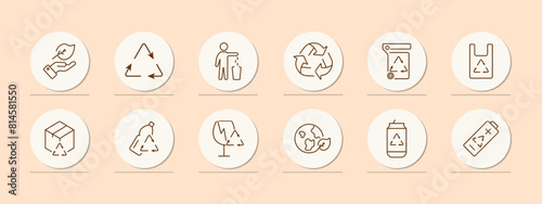 Ecology set icon. Recycling, plastic, reuse, glass, garbage, environmental pollution, bionomics, battery, lithium battery, hand and leaf, bottle. Environment care concept.