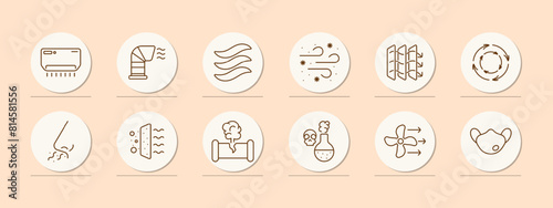 Waste set icon. Air conditioner, air freshener, harmful fumes, air, wind, dust, air filtration, blower pipe, fan, broken pipe, gas, skull, poison, mask, circulation. Atmosphere concept.