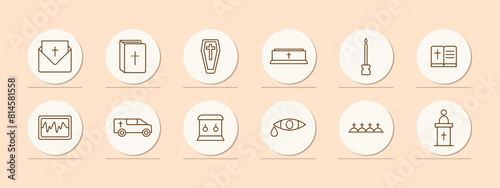 Seth Icon Funeral Home. Bible, cross, religion, Christianity, coffin, funeral, memorial, candle, sermon, hearse, mourners, graves, funeral service, letter, envelope. Burial concept.
