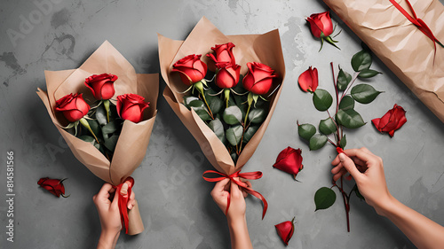 Red roses wrapped in paper on table background with young woman hands,
