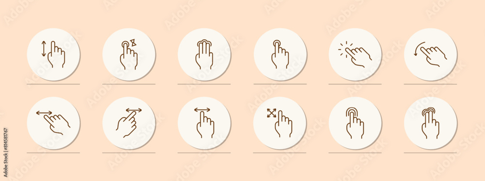 Clicks set icon. Press, double touch, 3D touch, zoom out, zoom in, swipe, shift, rotate, scroll, delay, load, left finger, hand, palm, feed, triple tap. Gestures concept.