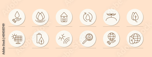 Ecology set icon. Hand, water, drop, aqua, water cycle, sprout, growth, petal, foliage, battery, sun rays, solar panels, magnifying glass, world. Environment care concept.