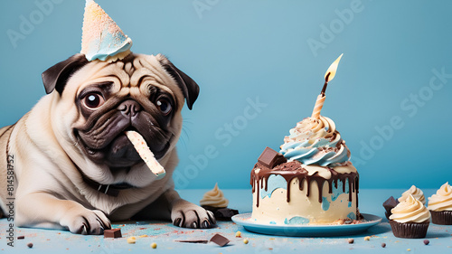 Cute pug in a party hat celebrating birthday with cake and balloons on blue pastel background,
