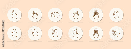 Click set icon. Press, double touch, swipe left and right, hold, 3D touch, hold, hold, swipe with two fingers, smart movement, scroll, move. Abstract gestures concept.
