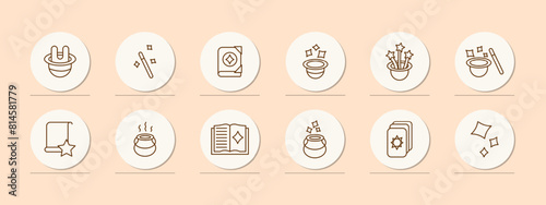 Focus set icon. Rabbit ears in hat, magic wand, grimoire, witchcraft book, sparks, stars, enchantment, theurgy, cards, scintilla, bottle. Magic concept.