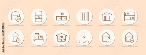 Stock set icon. Reserve, margin, supplies, store, boxes, depot, barrel, oil, mail, port, shelves with warehouses, asterisk, plus, storage, port. Stockroom concept.