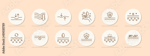 Skin care set icon. Dermis, skin, saggy skin, creams, oils, beauty, Korean cosmetics, epidermal protection, treatment, SPF, sweat, hydration. Appearance care concept.