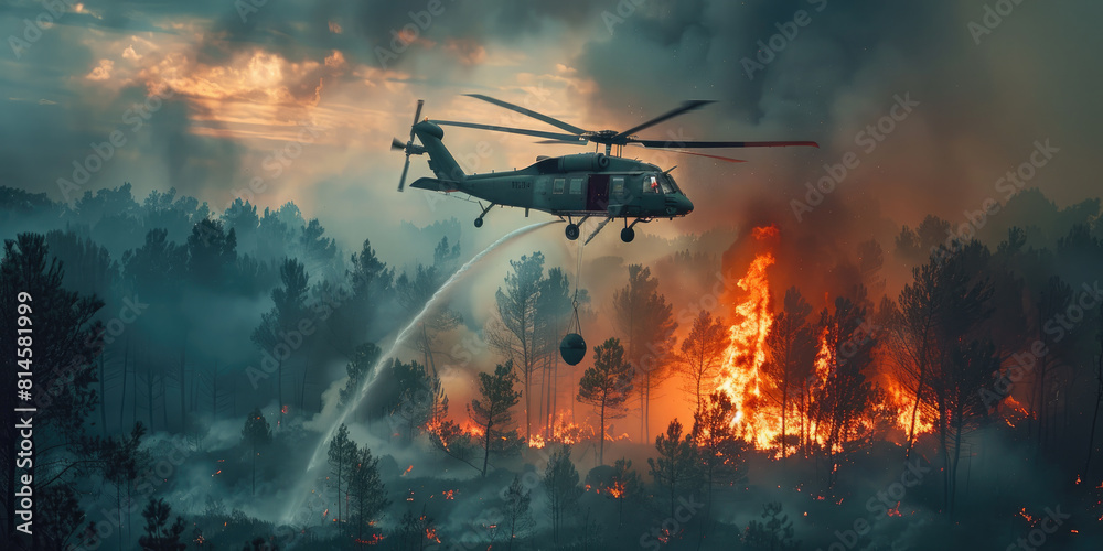 A fire helicopter extinguishes a forest fire with water A fire helicopter extinguishes a forest fire with water