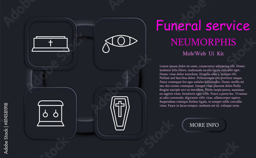 Funeral set icon. Grave, cross, Christianity, faith, burial, mourners, ritual, casket, coffin, neomorphism, traditions, temple, funeral slab. Obsequies concept.