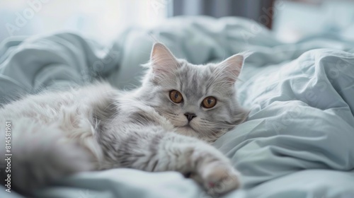 British white gray longhair cat relaxing and laying on bed. Domestic cat is resting and looking at camera. Generative AI © Hokmiran