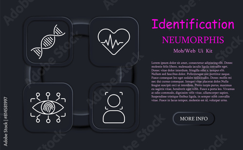 Identification set icon. Voice, recognition, fingerprint, scanning, verification, DNA, signal, eye, ocular retina, analysis, heartbeat, neomorphism, face, face ID, success, human silhouette.