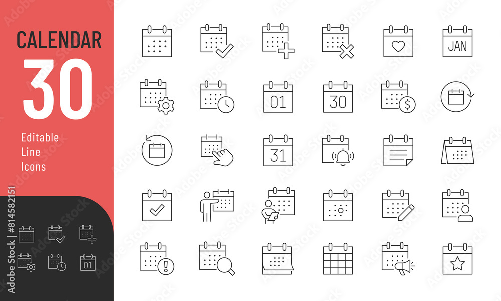 Calendar Editable Icons set. Vector illustration in modern thin line style of date related icons: event, planning, remainder, and more. Pictograms and infographics for mobile apps Calendar Editable Icons set. Vector illustration in modern thin line style of date related icons: event, planning, remainder, and more. Pictograms and infographics for mobile apps