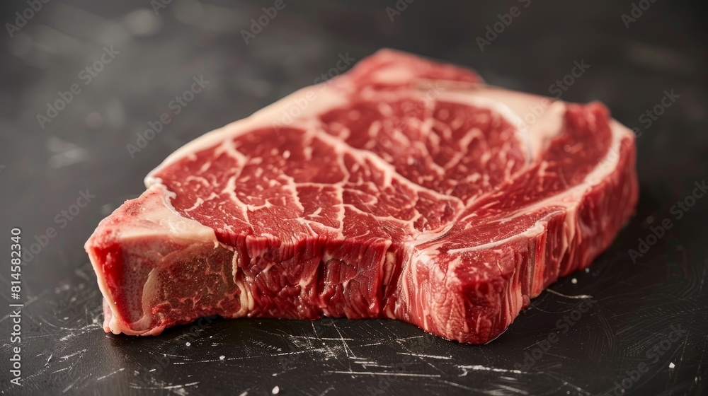 Detailed shot of a raw, premium Porterhouse steak, highlighting the rich marbling and fresh quality, perfect for advertising, isolated background