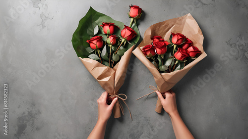 Flat lay. Two Bouquet of red roses and green leaves with woman hands on light background,