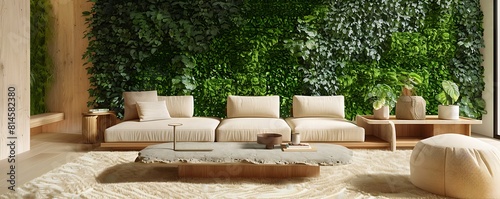 A contemporary living room with a biophilic design, including a living green wall, natural wood accents, a low stone coffee table, and a beige wool rug under a modular beige sofa photo