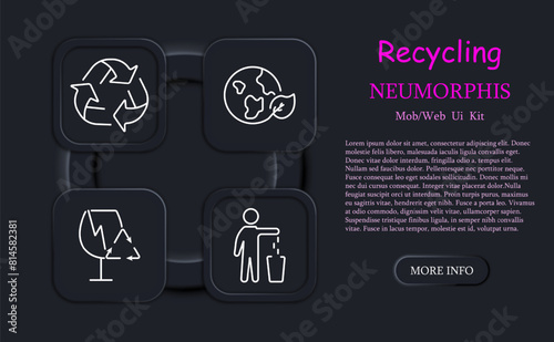Ecology set icon. Recycling, plastic, reuse, glass, garbage, environmental pollution, bionomics, battery, lithium battery, hand and leaf, bottle, neomorphism. Environment care concept.