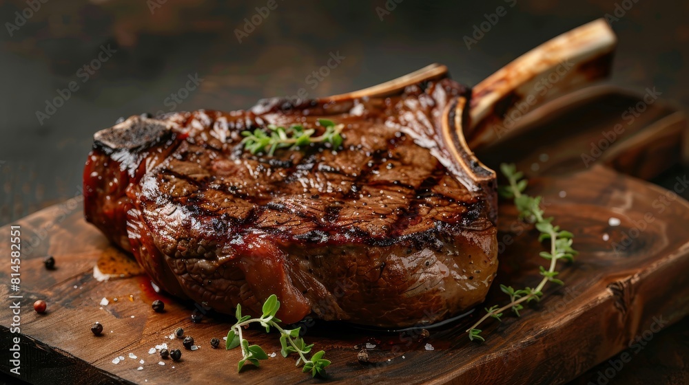 Detailed shot of a Rare Tomahawk steak, showcasing its juiciness and tenderness, studio lighting highlights every texture, isolated background Detailed shot of a Rare Tomahawk steak, showcasing its juiciness and tenderness, studio lighting highlights every texture, isolated background