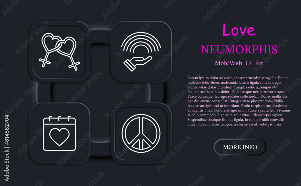 Love set icon. Rainbow, LGBTQ, music, heart, peace sign, sex, intercourse, glasses, endless feelings, calendar, hand, proposal, gender, flag, fondness, neomorphism. Amour concept. Love set icon. Rainbow, LGBTQ, music, heart, peace sign, sex, intercourse, glasses, endless feelings, calendar, hand, proposal, gender, flag, fondness, neomorphism. Amour concept.