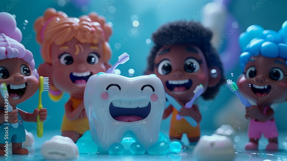 group children happily brush their teeth, Colorful illustration cartoon children with oversized heads brushing large smiling tooth, group includes diverse ethnicities, in bubbly, vibrant aquatic. group children happily brush their teeth, Colorful illustration cartoon children with oversized heads brushing large smiling tooth, group includes diverse ethnicities, in bubbly, vibrant aquatic.