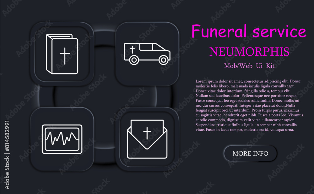 Funeral set icon. Grave, cross, Christianity, faith, burial, book, hearse, car, pulse, letter, ritual, Bible, rest, neomorphism, traditions, prayer, inhumation. Obsequies concept. Funeral set icon. Grave, cross, Christianity, faith, burial, book, hearse, car, pulse, letter, ritual, Bible, rest, neomorphism, traditions, prayer, inhumation. Obsequies concept.