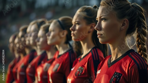 women's soccer team, determined female players, looking confidently at the viewer, representing the 'girl power' concept. 