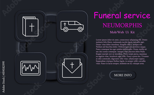 Funeral set icon. Grave, cross, Christianity, faith, burial, book, hearse, car, pulse, letter, ritual, Bible, rest, neomorphism, traditions, prayer, inhumation. Obsequies concept.