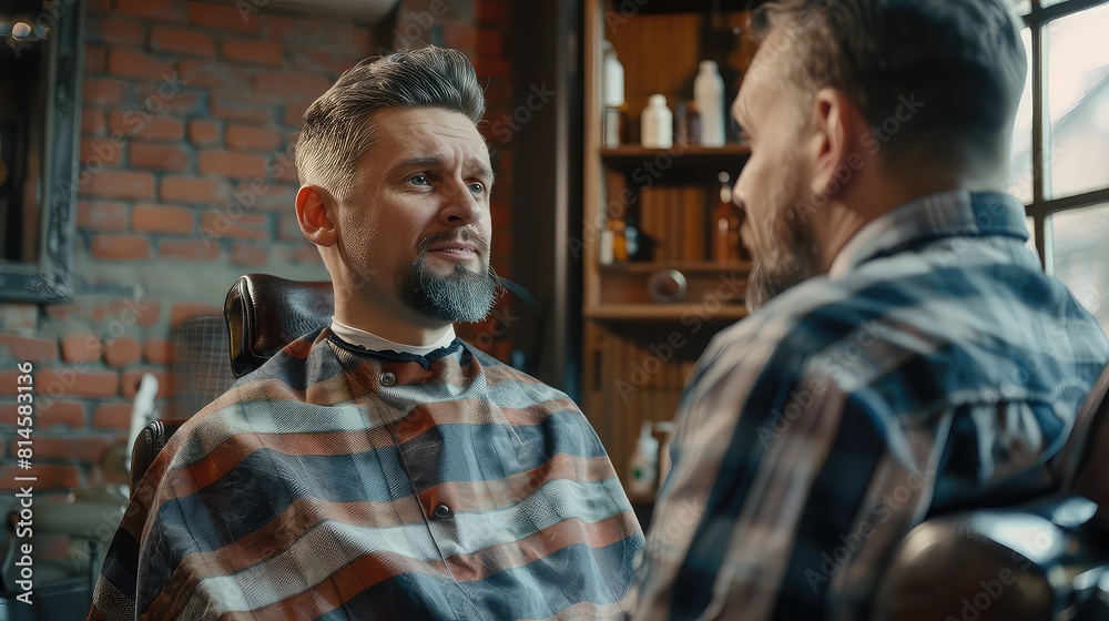 A confident man expressing his preferences for a new hairstyle to the barber. A confident man expressing his preferences for a new hairstyle to the barber.