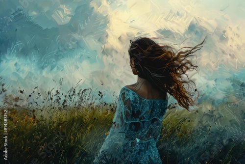 freespirited woman with flowing hair stands in a picturesque field embodying the essence of natural beauty and liberation digital painting photo