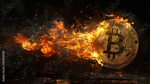 Bitcoin with a burning flame Golden Bitcoin cryptocurrency with fiery BIT symbol flies high. Isolated on black background. Crypto assets, futuristic virtual gold, Bitcoin bull.