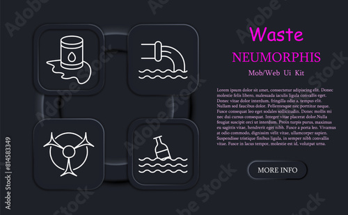 Waste set icon. Oil barrel, gas, refuse, tailings, cheeseparings, pipe, bottle, water, garbage in ocean, radiation, rubbish, nuclear plant, nuclear waste, CO2, neomorphism. Refuse concept.