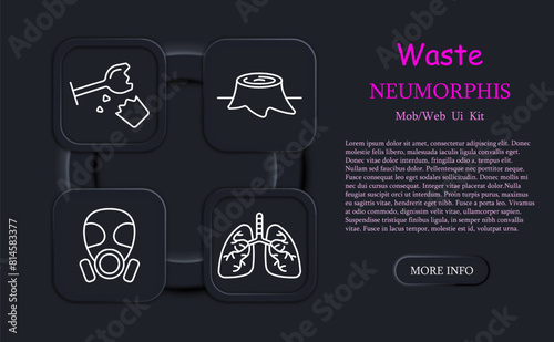 Waste set icon. Gas mask, gas, refuse, tailings, cheeseparings, lungs, breathing problems, radiation, rubbish, nuclear waste, CO2, neomorphism, broken glass. Refuse concept.