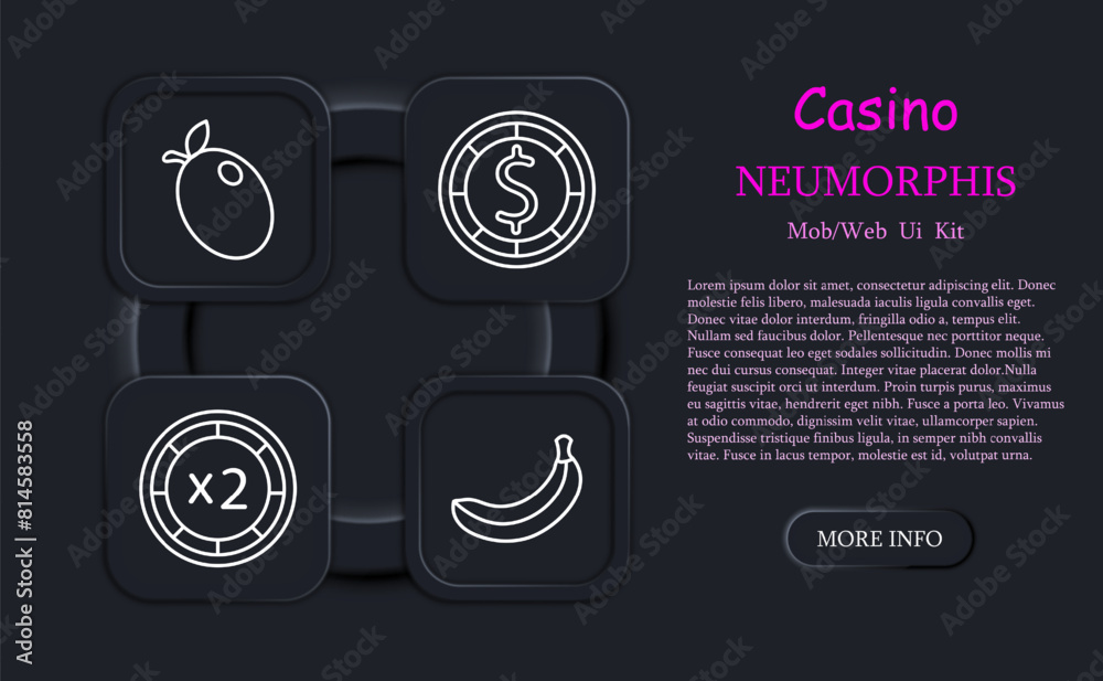 Casino set icon. Cards, suits, fruits, win, bet, doubling, chip, money, banana, lemon, king, gain, risks, excitement, ardor, neomorphism, dollar, stake. Gambling concept. Casino set icon. Cards, suits, fruits, win, bet, doubling, chip, money, banana, lemon, king, gain, risks, excitement, ardor, neomorphism, dollar, stake. Gambling concept.