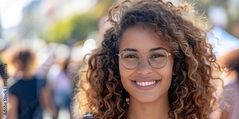 smiling woman in glasses with crowd