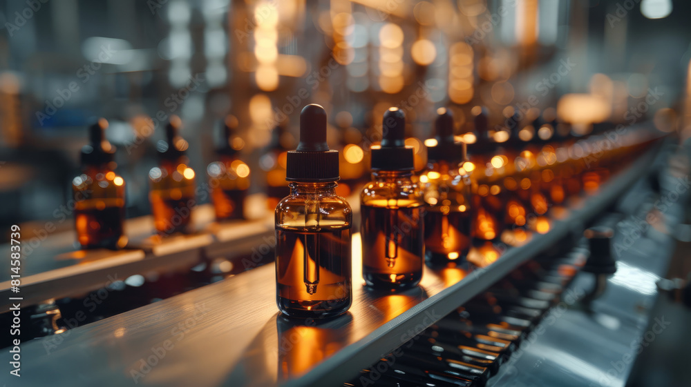Amber glass bottles on a pharmaceutical production line. Amber glass bottles on a pharmaceutical production line.