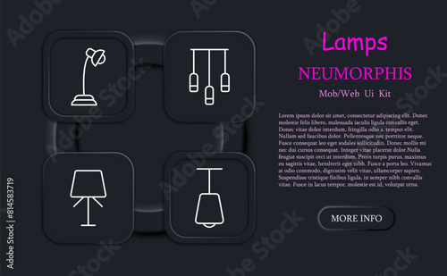 Icon set lamps. Lamps, fixtures, lighting, light, chandelier, lantern, light bulb, illumination, concept, variety, tube, illuminator, glow, luster, neomorphism. Choice concept.