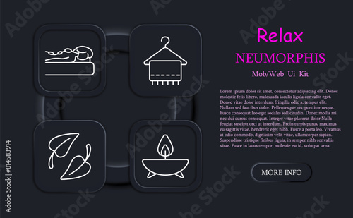 Relax set icon. Tea, tea ceremony, facial massage, acupuncture, cream, oils, neomorphism, aroma candle, stone therapy, towel, weight loss, cross, traditional medicine. Sauna concept.