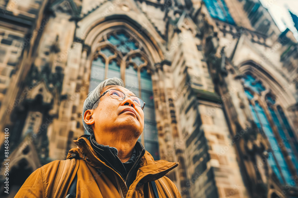Naklejka premium A middle-aged Asian man marveling at the architecture of a historic cathedral, reflecting on the cultural significance of the landmark.