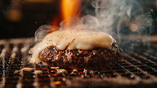 A delicious juicy beef patty is being grilled to perfection on a hot flaming grill photo