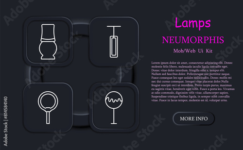 Icon set lamps. Lamps, fixtures, lighting, light, chandelier, lantern, light bulb, illumination, concept, variety, tube, illuminator, glow, luster, neomorphism. Choice concept.
