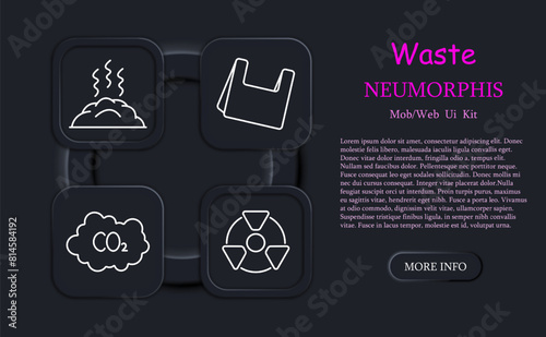 Waste set icon. Gas, refuse, tailings, cheeseparings, cracked pipe, neomorphism, polluted air, garbage, manure, rubbish, sweepings, CO2, carbon gas. Refuse concept.