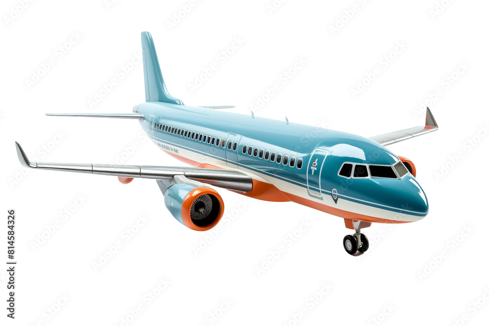 A blue and orange airplane is flying in the sky. The airplane is large and has a lot of windows
