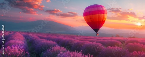 Hot air balloon fliying over a colorful purple field of lavender flowers. photo