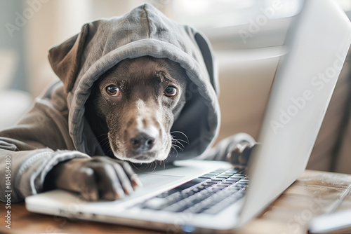 Smart working dog using computer typing on laptop keyboard. Designer freelancer working remotely from home Pet clothes gray jumper hoodie. quarantine Social distancing lifestyle. looking to the scree photo