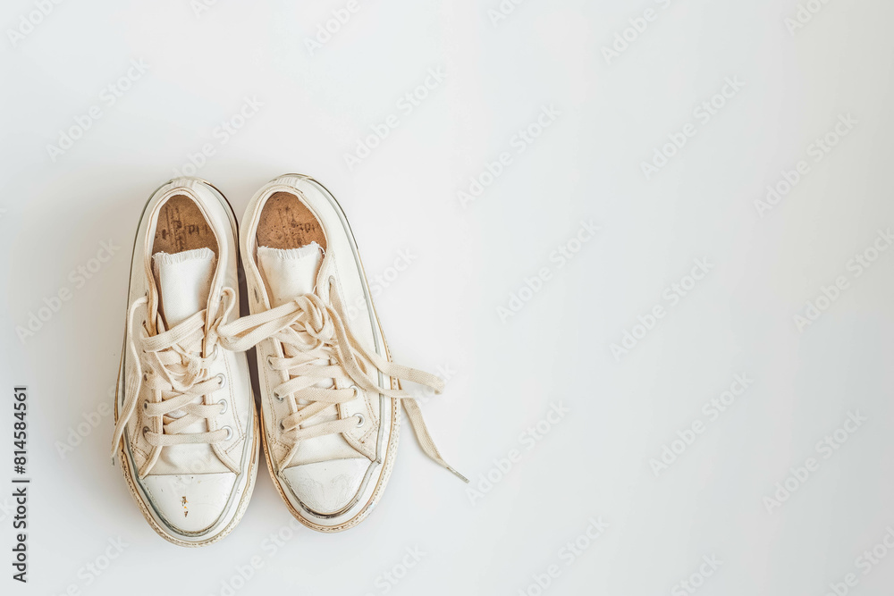 A pair of classic sneakers, worn and slightly dusty, with untied laces, resting on a crisp white background.