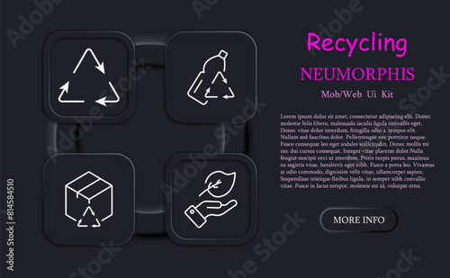 Ecology set icon. Recycling, plastic, reuse, glass, garbage, environmental pollution, bionomics, bottle, spout, garbage, neomorphism, bag, soda can. Environment care concept.