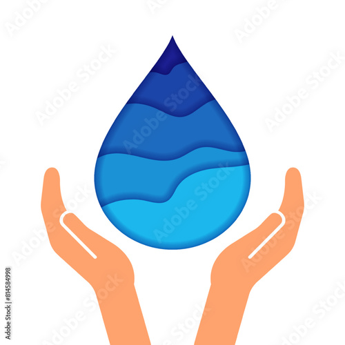 Vector illustration of water drop in hands on transparent background