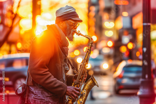 A passionate musician playing saxophone on a street corner at sunset.