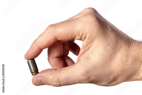 Single Case of pistol military cartridge in hand of the men war concept white background