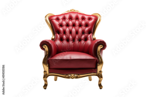 Regal Crimson Throne: A Red Leather Chair With Gold Trimming. On a White or Clear Surface PNG Transparent Background.